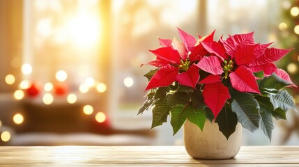 Festive poinsettia centerpiece bathed in cozy bokeh glow, nestled in a rustic living room filled with holiday charm