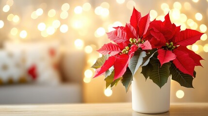 Festive poinsettia centerpiece bathed in cozy bokeh glow, nestled in a rustic living room filled with holiday charm