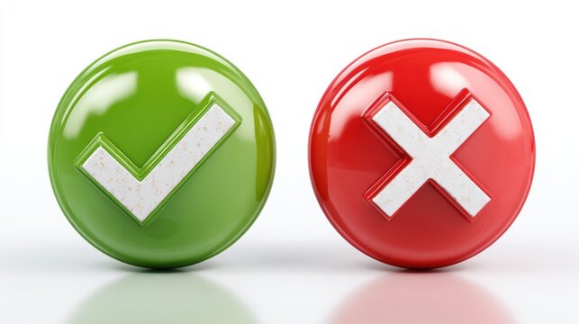 Green check mark and red x symbol, representing agreement and disagreement with a reflective background.