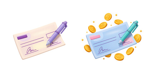 Signed Check with Pen and Coins Financial Transaction Concept