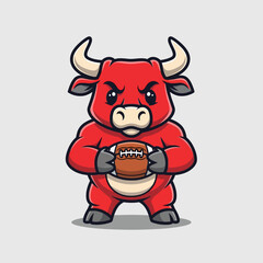 Angry Red Bull Character Holding American Football Ready to Play.