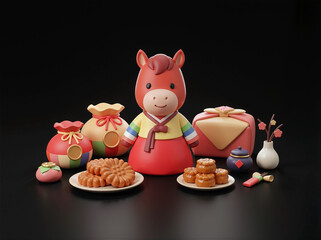Red horse character in a red lucky bag and hanbok. korea traditional object.
