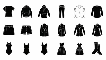 Collection of Black and White Fashion Clothing Icons.
