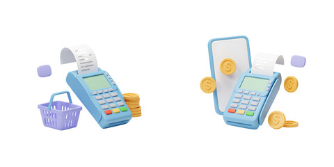 Illustration of payment terminals with coins and shopping basket
