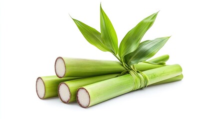 Freshly harvested sugarcane bundle with leafy tops, isolated on white, symbolizing agricultural health and energy