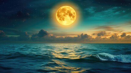 Full moon casts glowing trail across dark ocean waves, peaceful and serene night marine landscape with soft movement