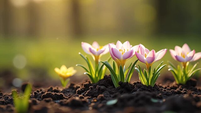 Pink and yellow crocus flower growing from dark soil, spring garden theme for nature and new beginning