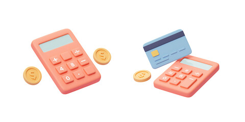 3D Render of Red Calculator and Credit Card with Coins