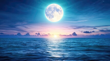 Gentle ocean waves illuminated by bright full moon, light rippling across the surface in tranquil night atmosphere