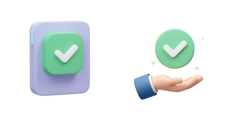 3D Render of Checkmarks on Green Buttons with Hand