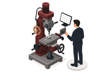 Businessman operating industrial drill press machine with computer control