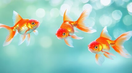 Fototapeta premium Group of goldfish swimming in synchronized formation, their shimmering orange hues vivid against the blue water