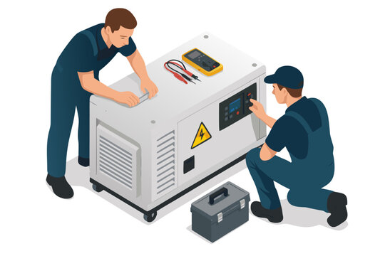 Two technicians servicing industrial generator with toolbox nearby