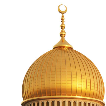 Golden mosque dome with crescent moon finial isolated on a transparent background