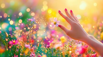 Hand reaching into a field of glowing bokeh, expressing aspiration, freedom, and colorful potential