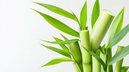 Healthy sugarcane stalks in natural green shades, with leaves extending upward, captured against a seamless white backdrop