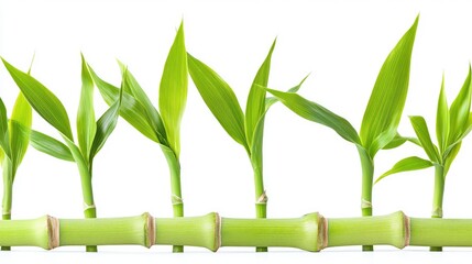Healthy sugarcane stalks in natural green shades, with leaves extending upward, captured against a seamless white backdrop