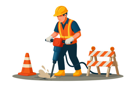 Construction worker operating jackhammer on roadwork site with safety gear
