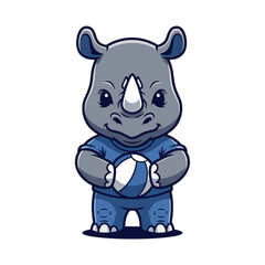 Cute cartoon baby rhino wearing blue shirt and jeans holding a ball.