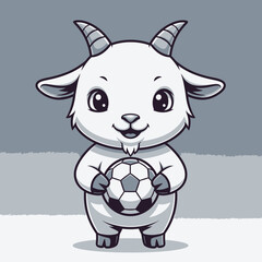 Cute cartoon baby goat holding a soccer ball.