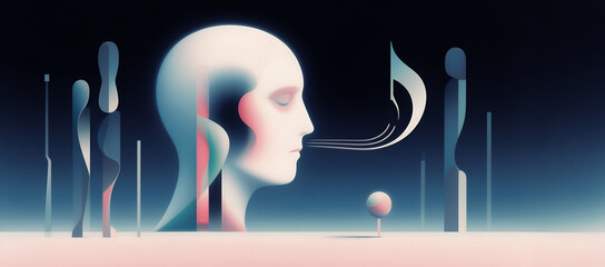 illustrazione con testa antropomorfa ed elementi astratti, allegoria di pensiero e meditazione