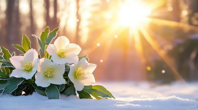 In a snowy forest clearing, frosted hellebores bloom with grace, a sign of life within winter hush