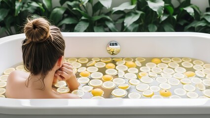 Woman relaxing in a bath filled with lemon slices for a natural spa treatment