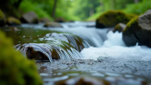Video A serene scene of a stream running through a dense and vibrant green forest, perfect for use in environmental or nature-themed projects