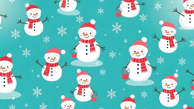 Festive seamless pattern with cheerful cartoon snowmen wearing red santa hats and scarves