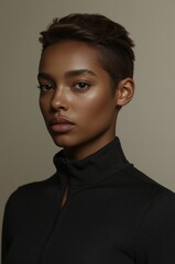 Mujer joven afrodescendiente con cabello corto y mirada directa en retrato contempor&aacute;neo