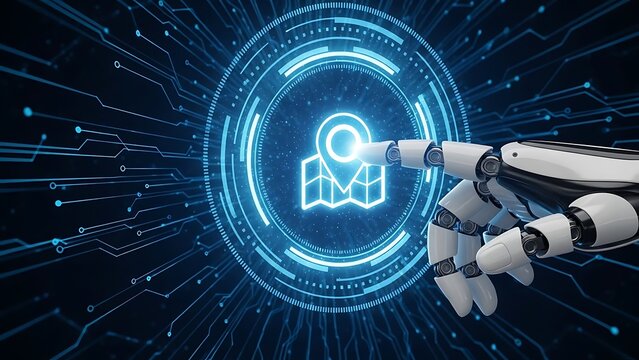 Robot hand interacting with glowing blue digital identity interface in cyberpunk setting - Powered by Adobe