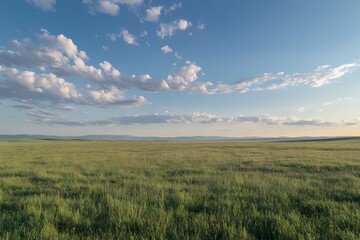 Obraz premium A vibrant green wheat field stretching into the distance under a clear blue sky . 