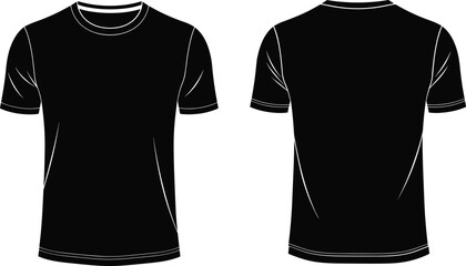 Blank black t-shirt vector illustration template set showing front and back views isolated on white background for design mockup