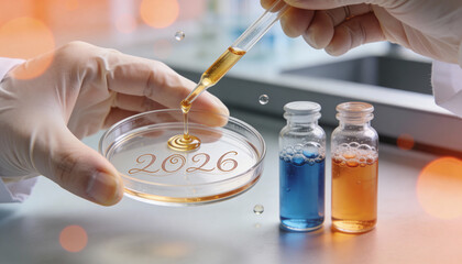 scientist pipetting colorful chemical solutions into petri dish marked 2026 in modern laboratory with bokeh light effect