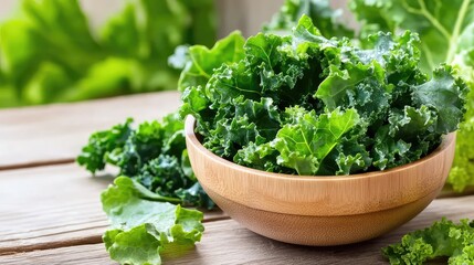 Leafy kale in bowl, still wet from washing, sits on warm wooden texture, reflecting freshness and mindful nutrition