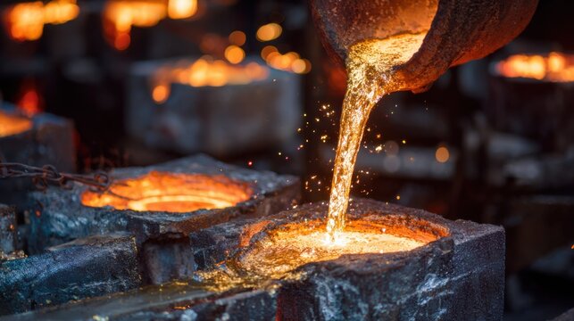 Molten copper being skillfully poured into molds at a bright foundry with sparks flying and glowing metal highlighting industrial craftsmanship. - Powered by Adobe