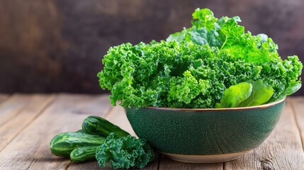 Leafy kale in bowl, still wet from washing, sits on warm wooden texture, reflecting freshness and mindful nutrition