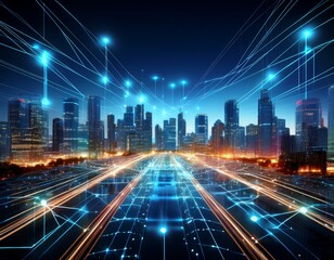 a futuristic cityscape at night illuminated by interconnected nodes of light representing advanced digital connectivity and innovative infrastructure lines lights