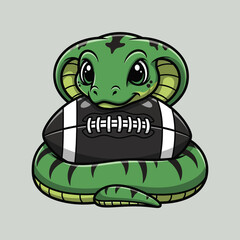 Cute cartoon cobra snake hugging American football.