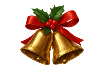 Golden christmas jingle bells with red ribbon and holly, representing holiday cheer and festive celebration on transparent background
