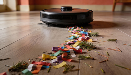 Autonomous robotic vacuum cleaner navigating across hardwood floor while cleaning colorful confetti and pine needles in modern home interior