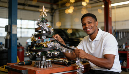 Automotive mechanic decorating festive christmas tree made from car parts and tools in workshop, smiling and preparing holiday celebration