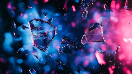 Broken glass shards flying mid-air with neon blue and pink light reflections in dark background