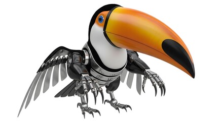 Fototapeta premium Rendering of futuristic robot toucan with orange beak on plain white background studio shot