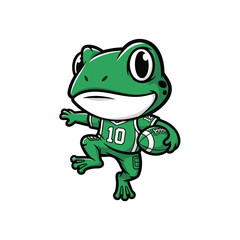 Cute cartoon frog mascot wearing a football jersey and holding a football.