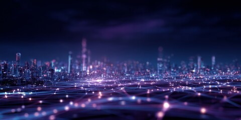 A Cybernetic Cityscape Glowing with Neon Lights and Connected Pathways Representing Digital Networks and Urban Life