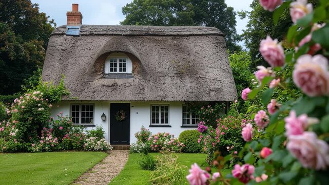 Idyllic Cottage Exterior with Thatched Roof Surrounded by Blooming Pink Roses in Sunlight