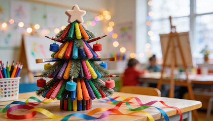 Colorful marker christmas tree centerpiece in festive classroom with ribbons and blurred children creating art in warm holiday atmosphere