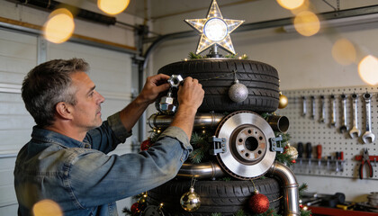 Christmas mechanic decorating creative tire tree with car parts, ornaments, and star topper in festive auto workshop holiday setting