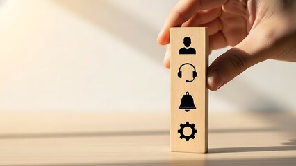 A hand placing a wooden block with human notification bell and gear icons on a flat surface in a well lit room